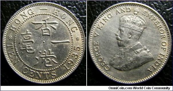 Hong Kong 1935 10 cents. Old cleaning? Weight: 2.57g