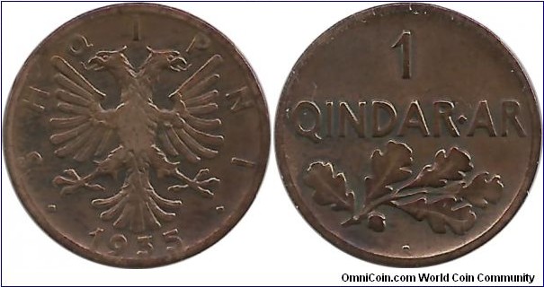 Albania-Kingdom 1 Qindar Ar 1935R