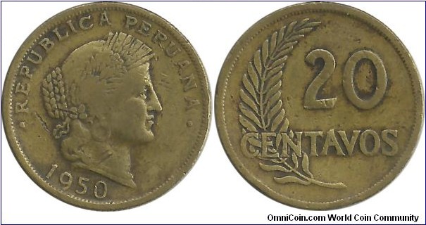 Peru 20 Centavos 1950