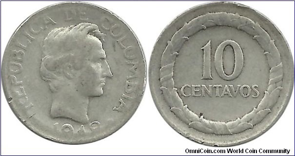 Colombia 10 Centavos 1948B (2.50 g / .500 Ag)
