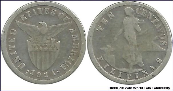 Philippines-USA 10 Centavos 1914S (2.00 g / .750 Ag) (I clean the coin)