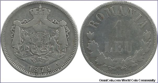 Romania 1 Leu 1874(b)  (5.00 g / .835 Ag) (I clean the coin) 
