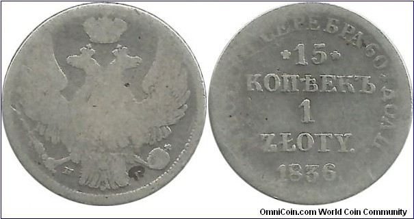 RussianEmpire - Kingdom of Poland  15 Kopek-1 Zloty 1836 (3.10 g / .868 Ag)