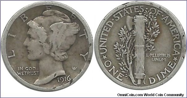 USA 10 Cents 1916 (2.50 g / .900 Ag)