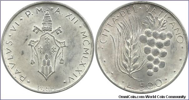 Vatican 500 Lire 1974(11.00 g / .835 Ag) 
