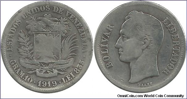 Venezuela 2 Bolivares 1919(p) (10.00 g / .835 Ag) (I clean the coin)