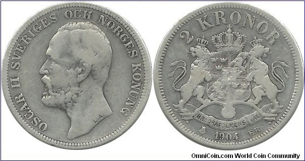 Sweden 2 Kronor 1904 (15.00 g / .800 Ag)