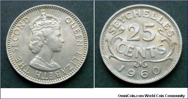 Seychelles 25 cents.
1960, Mintage: 40.000 pieces.