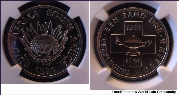 KM-142, 1991 South Africa rand; silver, reeded edge; Nursing Schools commemorative, decent shape NGC graded MS 64 (#4267369-014), mintage 13, 576 in business strike.