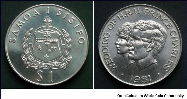 Samoa 1 tala.
1981, Marriage of Prince Charles and Lady Diana.
Mintage: 12.000 pieces.