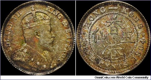 British Hong Kong, Edward VII, 5 Cents, 1904. Silver. KM# 12. AU+ (very light cabinet friction and tiny contact marks, otherwise UNC)/reverse BU. Multiple color's toning.
