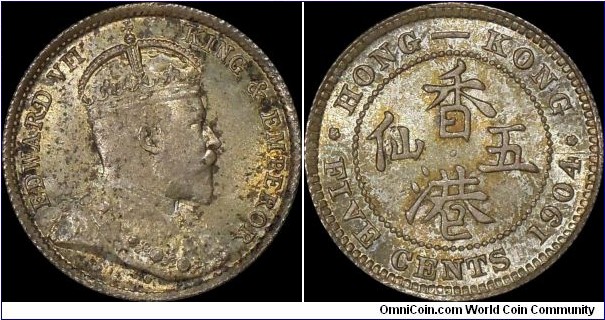 British Hong Kong, Edward VII, 5 Cents, 1904. Silver. KM# 12. Gem brilliant uncirculated.