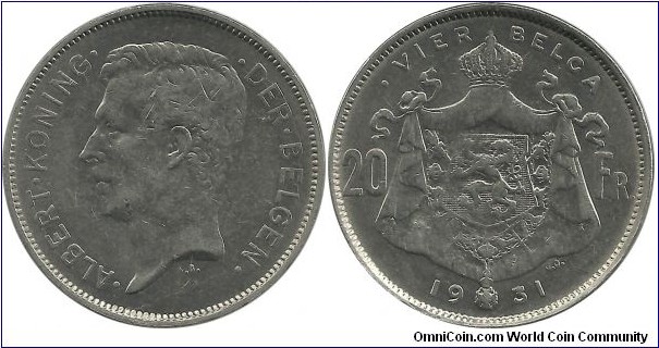 Belgium 20 Frank-4 Belga 1931(Fl) (Ni)