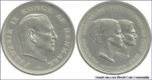 Denmark 10 Kroner ND(1967) - Wedding of Crown Princess Margrethe (20.40 g / .800 Ag)