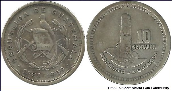Guatemala 10 Centavos 1950 (3.33 g / .720 Ag)