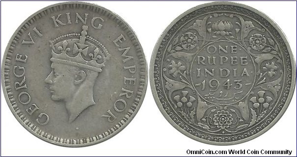 India-British 1 Rupee 1943(B) (2. coin) (11.66 g / .500 Ag)