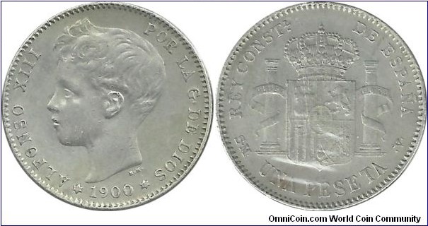 Spain 1 Peseta 1900 (5.00 g / .835 Ag)
from 1885 to 1902 Recency of mother Maria Cristina.