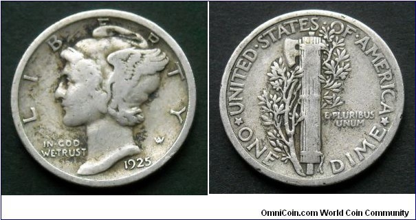 1925 Mercury dime.
Ag 900.