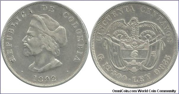Colombia 50 Centavos 1892 - 400th Anniversary of Colombus' Discovery of America