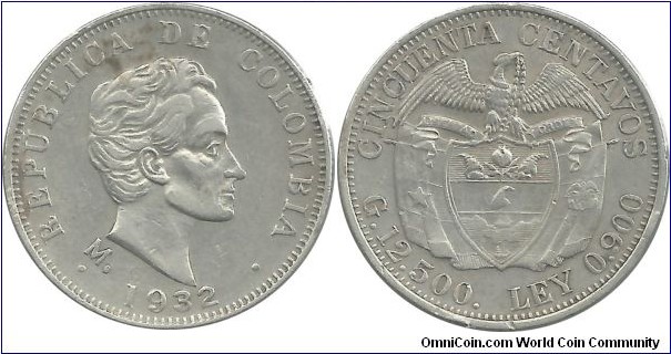 Colombia 50 Centavos 1932M (Simon Bolivar)