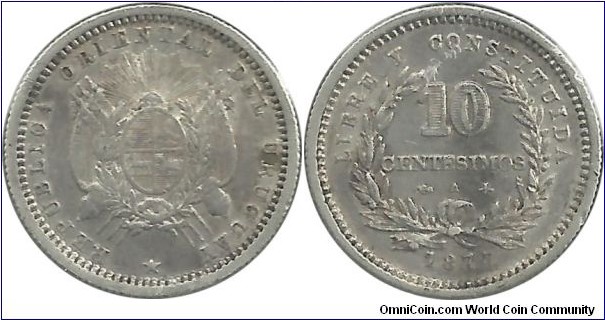 Uruguay 10 Centesimos 1877A (mintmark= A, Paris-France)