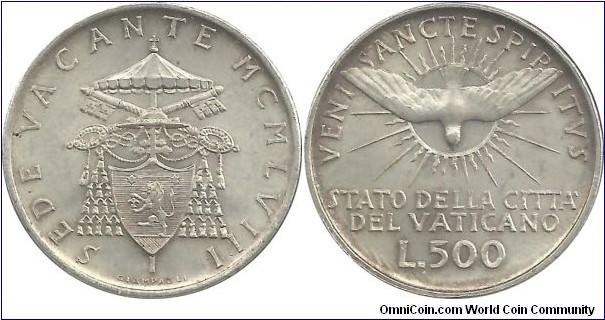 Vatican 500 Lire 1958-Sede Vacante