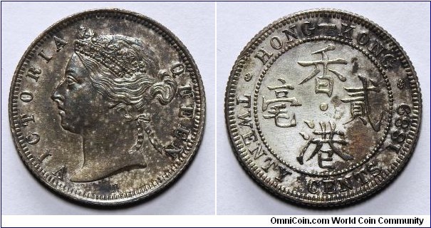British Hong Kong, Queen Victoria, 20 Cents, 1889H. Heaton mint. 5.42g, 23.24mm, silver. KM# 7. Toned. Cleaned. Almost uncirculated. Scarce grade for the denomination. 