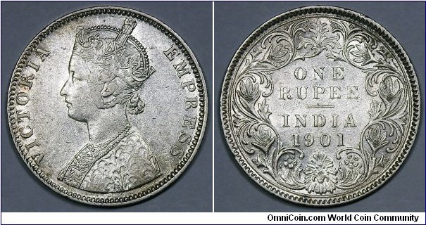 British India, Empress Victoria, Rupee, 1901. Bombay mint. Incused B mint mark. Type C obverse (The front of the dress has 3-1/3 panels), Type I reverse (The top flower is open with long, curved petals. The 