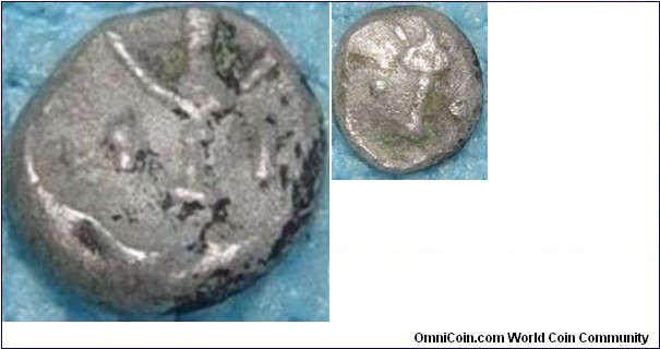 5Bc Greek Ionia. 
AR Silver Trihemiobole. 
Weight 0.8g. 
Diam 8mm.
I am not sure if the above info is accurate so any help I would be happy to hear from you :-)