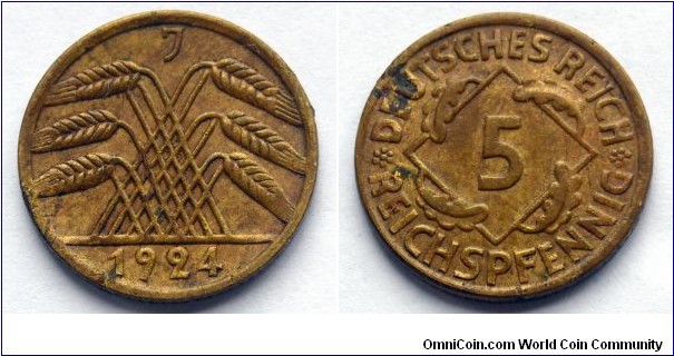 Germany (Weimar Republic) 5 reichspfennig.
1924, Mintmark J - Hamburg.