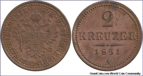 Austria 2 Kreuzer 1851A