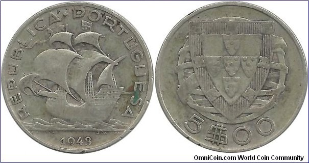 Portugal 5 Escudos 1943 (R = Rare)