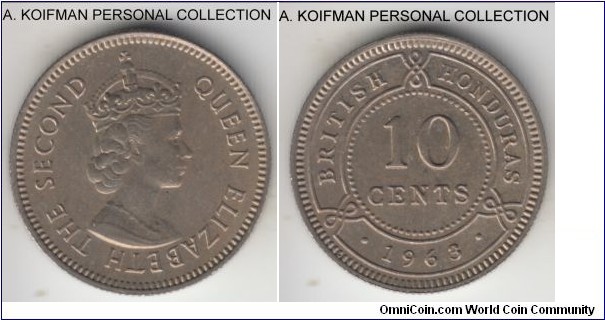KM-32, 1963 British Honduras 10 cents; copper-nickel, reeded edge; nice lighly toned uncirculated, mintage 50,000.