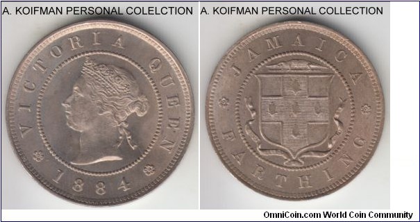 KM-15, Jamaica 1884 farthing; copper-nickel, plain edge; nice lustrous uncirculated, smaller mintage of just 96,000.