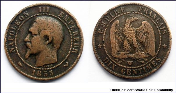 France 10 centimes.
1855, Napoleon III.
W - Lille Mint.