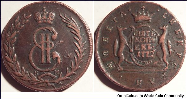 AE 5 kopeck 1772 KM Siberian coinage. 