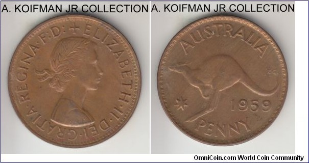 KM-56, 1959 Australia penny, Melbourne mint (no mint mark); bronze, plain edge; scarcest key year of Elizabeth II mintage, brown uncirculated or almost.