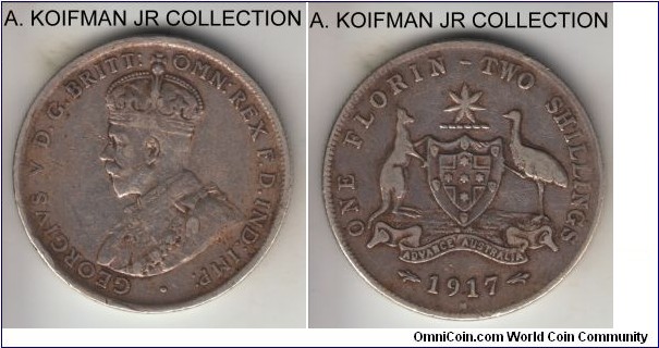 KM-27, 1917 Australia florin, Melbourne mint (M mint mark); silver, reeded edge; early George V coinage but relatively common, good fine to about very fine.