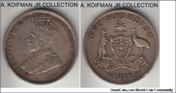 KM-26, 1918 Australia shilling, Melbourne mint (M mint mark); silver, reeded edge; earlier George V, relatively common, good fine or so.