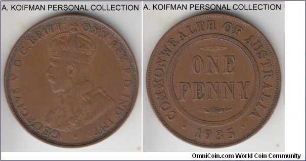 KM-23, 1935 Australia penny, Melbourne mint (no mint mark); bronze, plain edge; brown very fine, a little dirty.