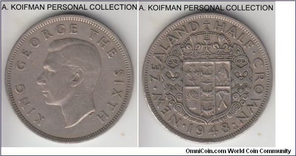 KM-19, 1948 New Zealand 1/2 crown; copper-nickel, reeded edge; circulated, first year of the type.