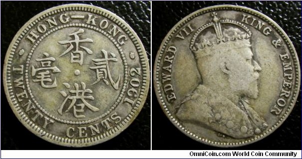 Hong Kong 1902 20 cents. Somewhat uncommon? Weight: 5.38g