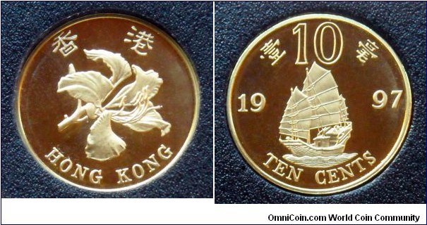 Hong Kong 10 cents from 1997 proof mint set commemorating the returning of Hong Kong to China.