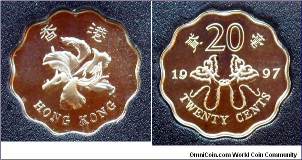 Hong Kong 20 cents from 1997 proof mint set commemorating the returning of Hong Kong to China.