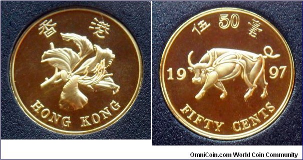 Hong Kong 50 cents from 1997 proof mint set commemorating the returning of Hong Kong to China.