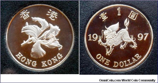 Hong Kong 1 dollar from 1997 proof mint set commemorating the returning of Hong Kong to China.