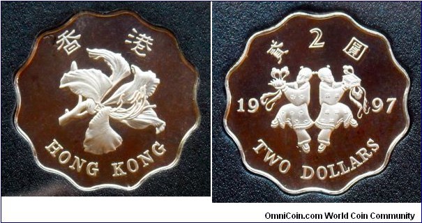 Hong Kong 2 dollars from 1997 proof mint set commemorating the returning of Hong Kong to China.