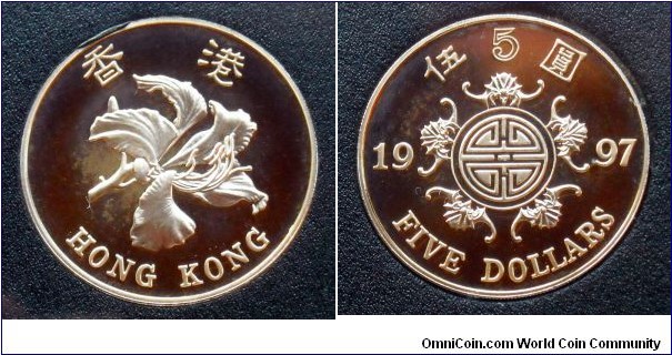 Hong Kong 5 dollars from 1997 proof mint set commemorating the returning of Hong Kong to China.