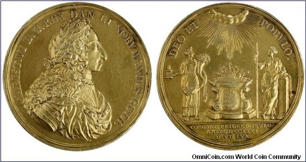 1731 Christian VI Official coronation gift rejected proposal specimen.
 by the king 66 ducat size gold gilt  silver retained by the artist G.W.Wahl For detail history concerning this unique royal coronation gift proposal qualified buyers are invited to request details.     