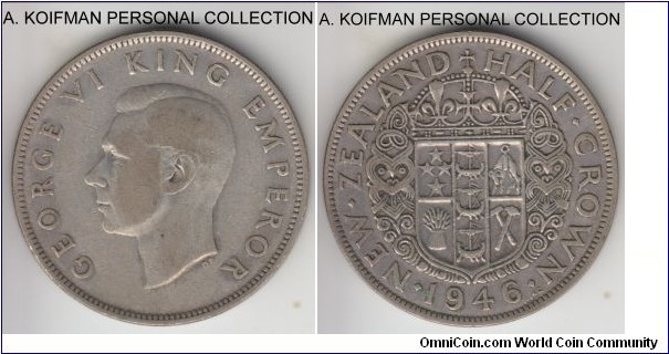 KM-11, 1946 New Zealand 1/2 crown; silver, reeded edge; well circulated,  last year of silver mintage.